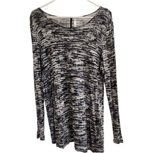 Kensie Womens Sz L Long Sleeve 100% Viscose Top Black Gray White Stripe Pattern
